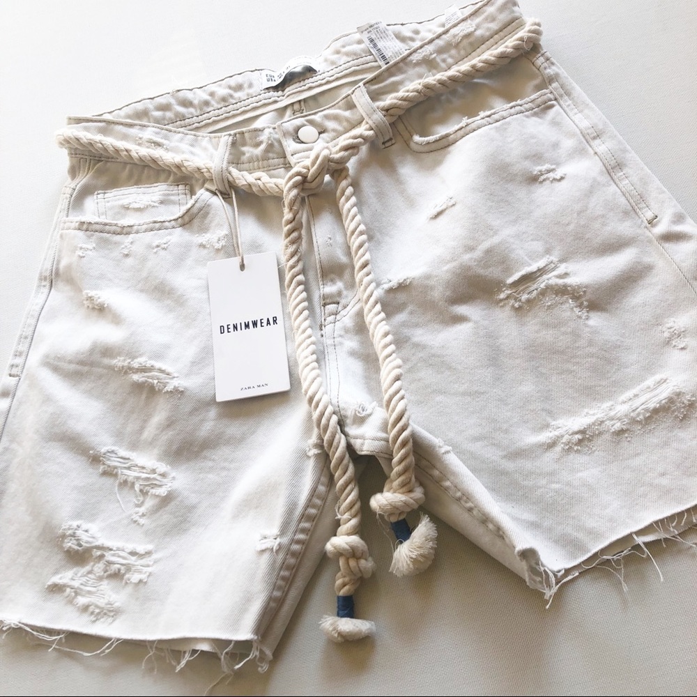 Zara Cream Jean Shorts with Rope Belt